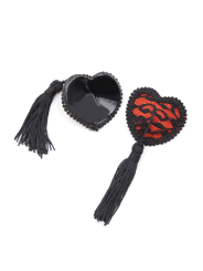 cache mamelon et nipples, forme coeur avec pompom en dentelle noire