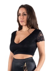 Top sexy court noir en dentelle florale avec dos nu et large col sexy