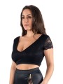 Top sexy court noir en dentelle florale avec dos nu et large col sexy