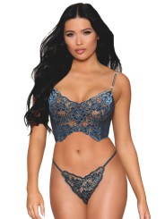 Bustier dentelle florale et résille avec strass et string assorti - DG13492BLU