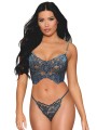 Bustier dentelle florale et résille avec strass et string assorti - DG13492BLU