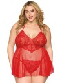 Nuisette grande taille rouge en résille et dentelle florale, string assorti - DG13524XRED