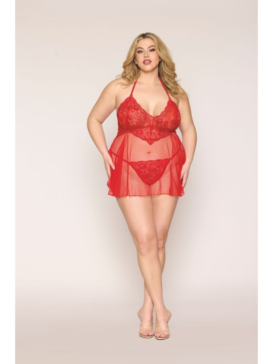 Nuisette grande taille rouge en résille et dentelle florale, string assorti - DG13524XRED