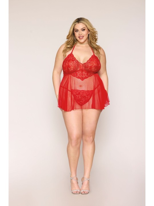 Nuisette grande taille rouge en résille et dentelle florale, string assorti - DG13524XRED