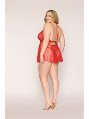 Nuisette grande taille rouge en résille et dentelle florale, string assorti - DG13524XRED