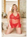 Nuisette grande taille rouge en résille et dentelle florale, string assorti - DG13524XRED