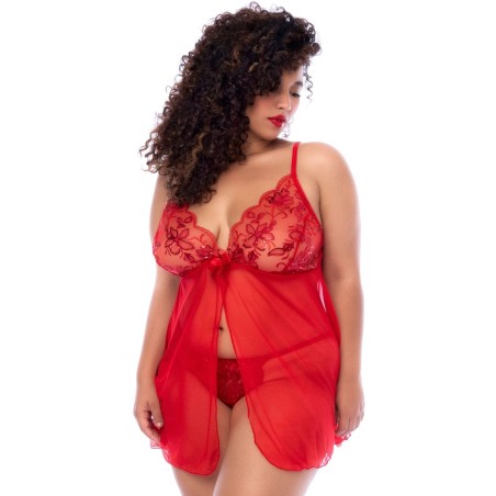 Nuisette ouverte grande taille rouge et string assorti - MAL7559XRD