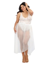 Grossiste Lingerie Dreamgirl : Body string blanc grande taille échancré et jupe transparente