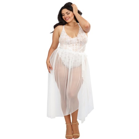 Grossiste Lingerie Dreamgirl : Body string blanc grande taille échancré et jupe transparente