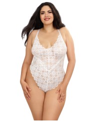 Grossiste Lingerie Dreamgirl : Body string blanc grande taille échancré et jupe transparente