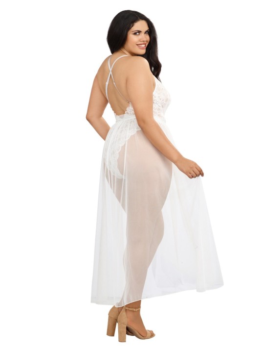 Grossiste Lingerie Dreamgirl : Body string blanc grande taille échancré et jupe transparente