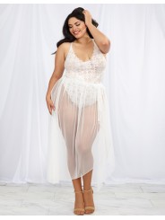 Grossiste Lingerie Dreamgirl : Body string blanc grande taille échancré et jupe transparente