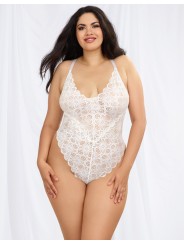 Grossiste Lingerie Dreamgirl : Body string blanc grande taille échancré et jupe transparente