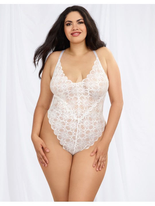 Grossiste Lingerie Dreamgirl : Body string blanc grande taille échancré et jupe transparente