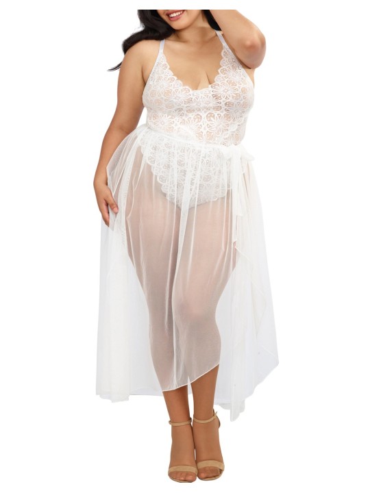 Grossiste Lingerie Dreamgirl : Body string blanc grande taille échancré et jupe transparente