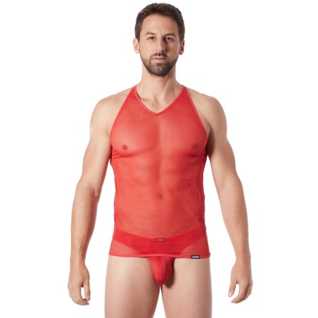 Grossiste lingerie homme : V-Shirt rouge débardeur