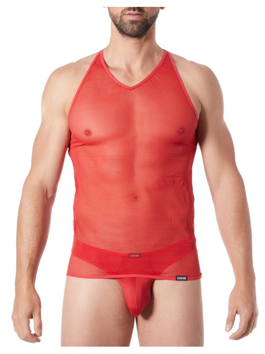 Grossiste lingerie homme : V-Shirt rouge débardeur