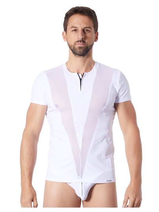 Grossiste lingerie homme : t-shirt blanc avec bandes résille en V