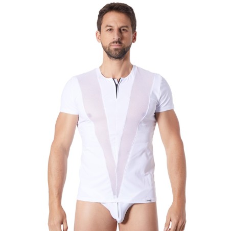 Grossiste lingerie homme : t-shirt blanc avec bandes résille en V