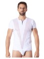 Grossiste lingerie homme : t-shirt blanc avec bandes résille en V