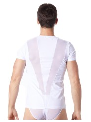 Grossiste lingerie homme : t-shirt blanc avec bandes résille en V