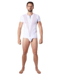 Grossiste lingerie homme : t-shirt blanc avec bandes résille en V