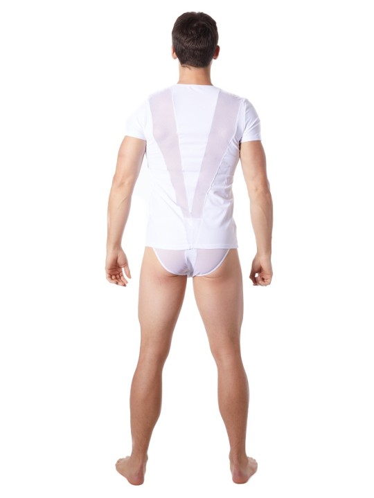 Grossiste lingerie homme : t-shirt blanc avec bandes résille en V