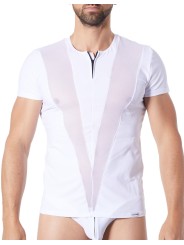 Grossiste lingerie homme : t-shirt blanc avec bandes résille en V