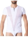 Grossiste lingerie homme : t-shirt blanc avec bandes résille en V