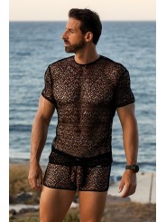 Grossiste sous vêtement homme : T-shirt noir filet irrégulier