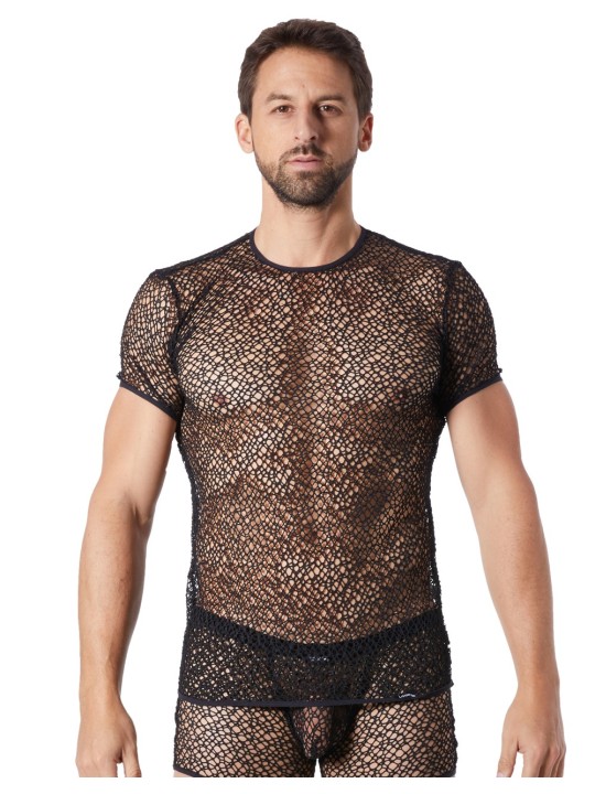 Grossiste sous vêtement homme : T-shirt noir filet irrégulier