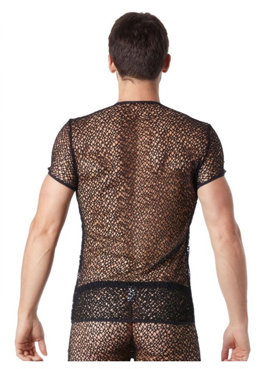 Grossiste sous vêtement homme : T-shirt noir filet irrégulier