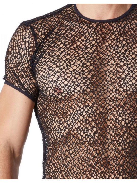 Grossiste sous vêtement homme : T-shirt noir filet irrégulier