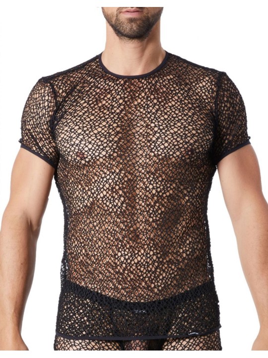 Grossiste sous vêtement homme : T-shirt noir filet irrégulier