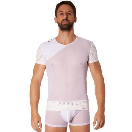 Fournisseur lingerie homme : t-shirt blanc transparent manches ajourées