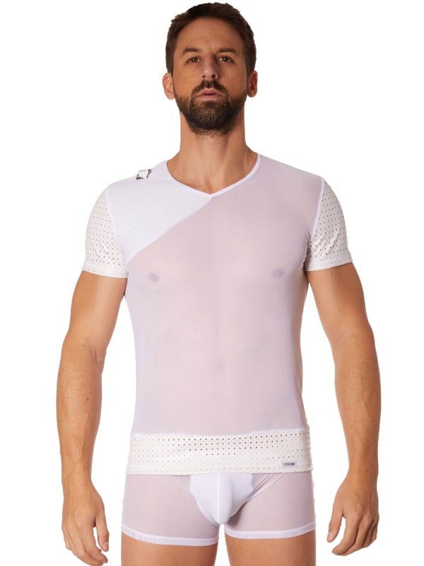 Fournisseur lingerie homme : t-shirt blanc transparent manches ajourées