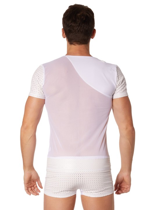 Fournisseur lingerie homme : t-shirt blanc transparent manches ajourées