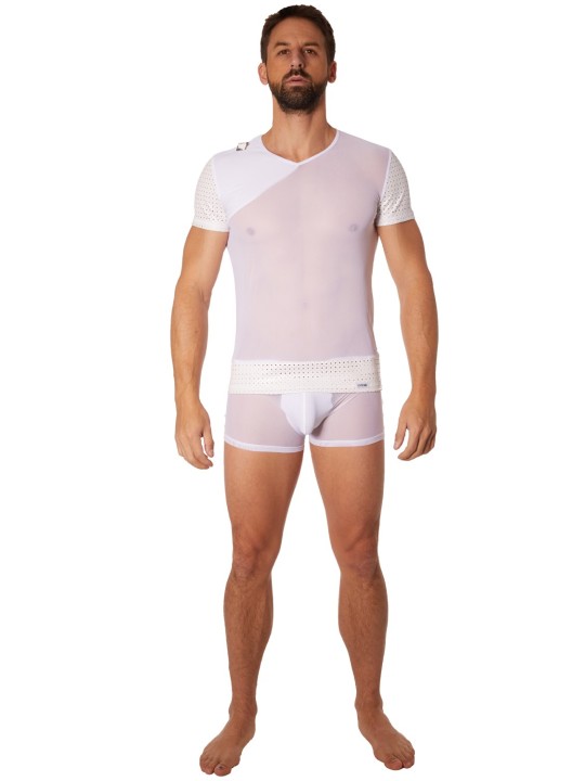 Fournisseur lingerie homme : t-shirt blanc transparent manches ajourées