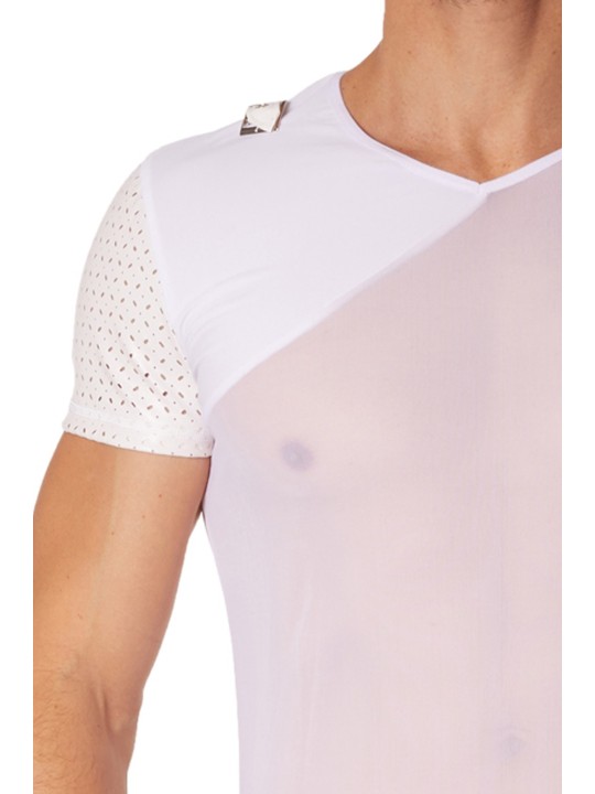 Fournisseur lingerie homme : t-shirt blanc transparent manches ajourées