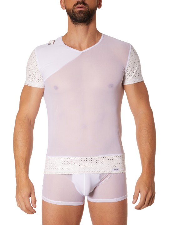 Fournisseur lingerie homme : t-shirt blanc transparent manches ajourées