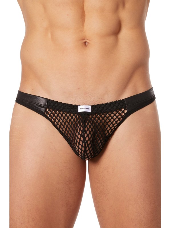 Grossiste lingerie Look Me : string noir filet bandes simili cuir