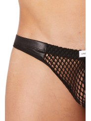 Grossiste lingerie Look Me : string noir filet bandes simili cuir