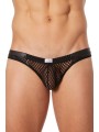 Grossiste lingerie Look Me : slip brief noir filet bandes simili cuir