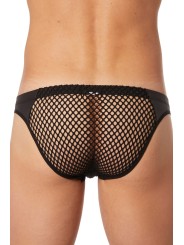 Grossiste lingerie Look Me : slip brief noir filet bandes simili cuir