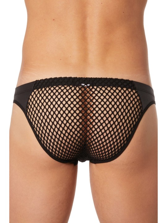 Grossiste lingerie Look Me : slip brief noir filet bandes simili cuir