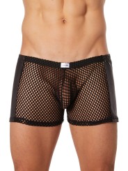 Grossiste lingerie Look Me : boxer noir filet côtés simili cuir