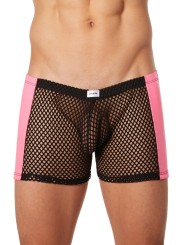 Grossiste lingerie Look Me : boxer noir filet côtés simili cuir rose