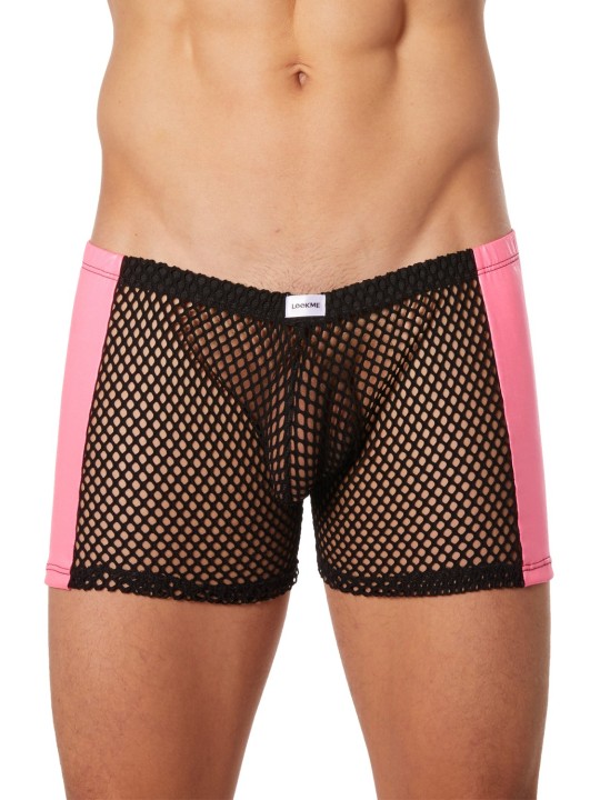 Grossiste lingerie Look Me : boxer noir filet côtés simili cuir rose