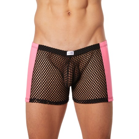 Grossiste lingerie Look Me : boxer noir filet côtés simili cuir rose