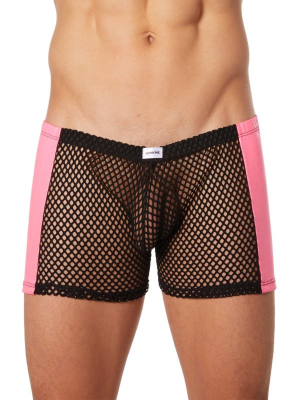 Grossiste lingerie Look Me : boxer noir filet côtés simili cuir rose